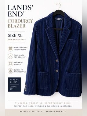Lands’ End Corduroy Blazer XL NWOT | Preppy Dark Academia Jacket | Fully Lined